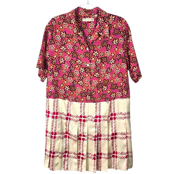 Marni x Uniqlo Mixed Pattern Pleated Shirt Dress Floral Plaid Colorblock Large - Picture 1 of 8